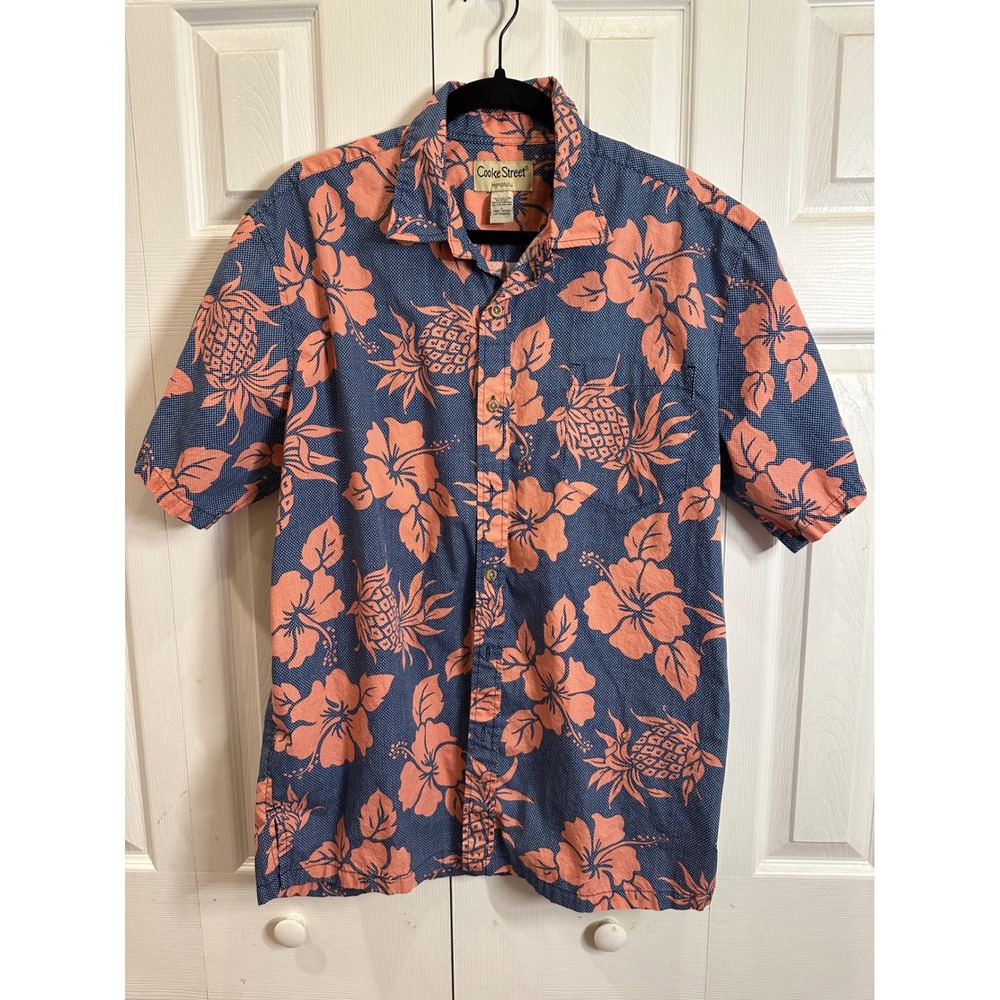 Cooke Street Honolulu Mens Large Blue Orange Hibiscus Pineapple Hawaiian Shirt